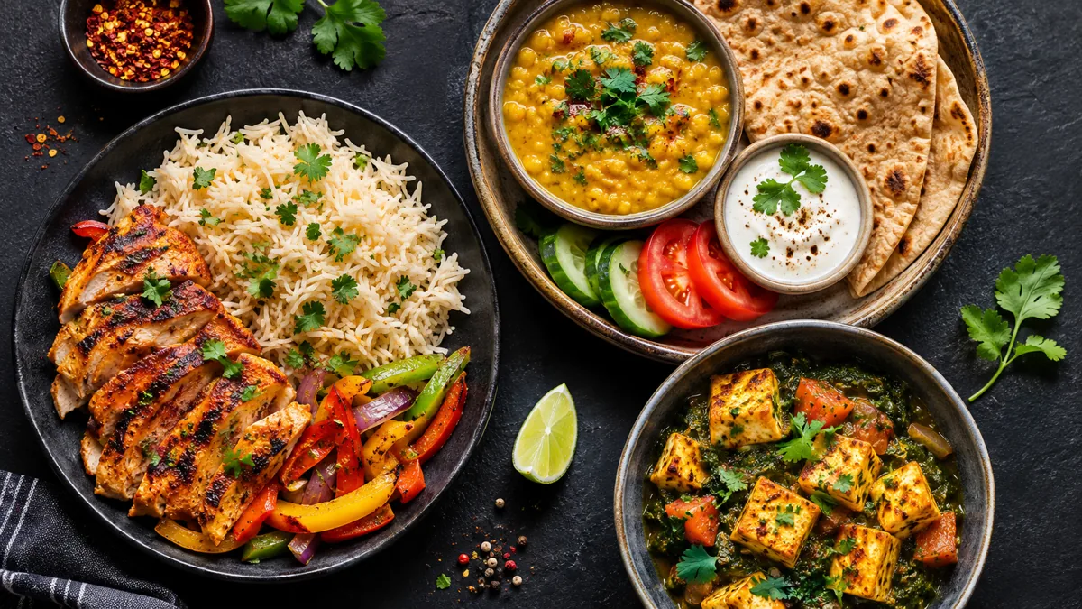 A variety of balanced meals including chicken, rice, lentils, roti and paneer